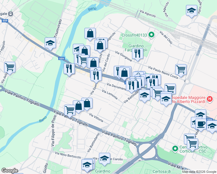 map of restaurants, bars, coffee shops, grocery stores, and more near 132 Via Emilia Ponente in Bologna