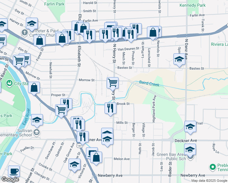 map of restaurants, bars, coffee shops, grocery stores, and more near 343 North Henry Street in Green Bay