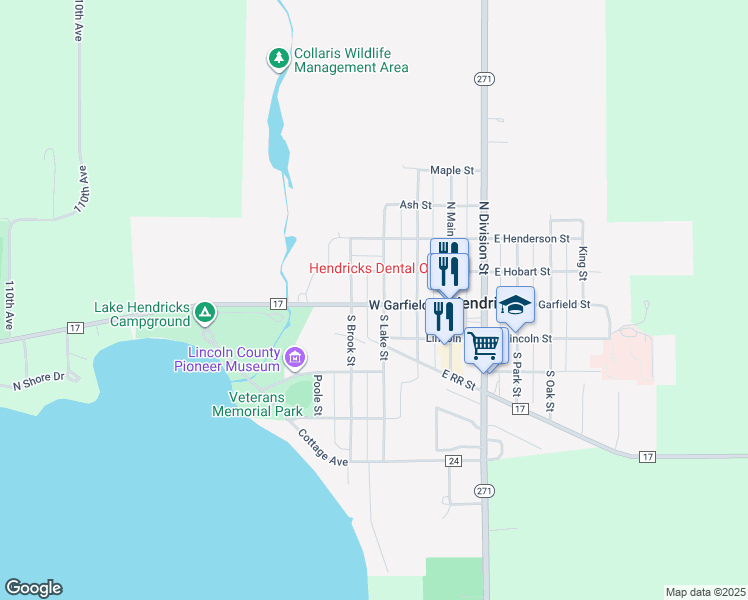 map of restaurants, bars, coffee shops, grocery stores, and more near 102 North Lake Street in Hendricks