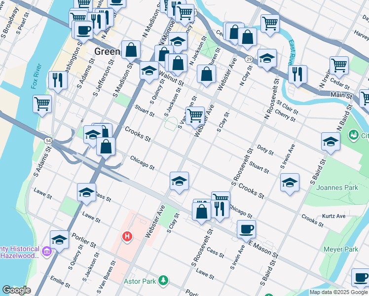 map of restaurants, bars, coffee shops, grocery stores, and more near 317 South Van Buren Street in Green Bay
