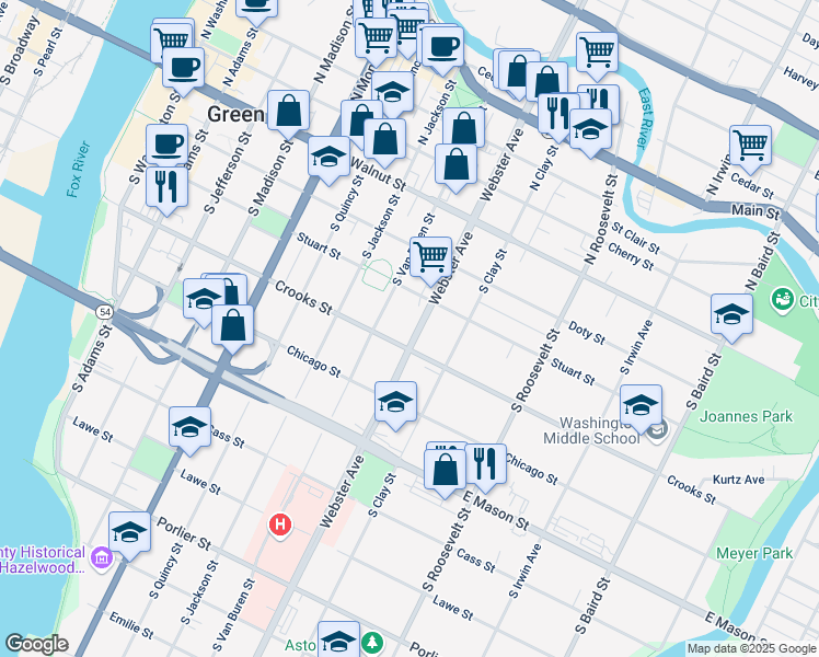 map of restaurants, bars, coffee shops, grocery stores, and more near 332 South Webster Avenue in Green Bay