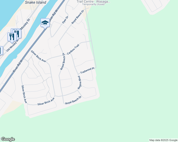 map of restaurants, bars, coffee shops, grocery stores, and more near 21 Trailwood Place in Wasaga Beach