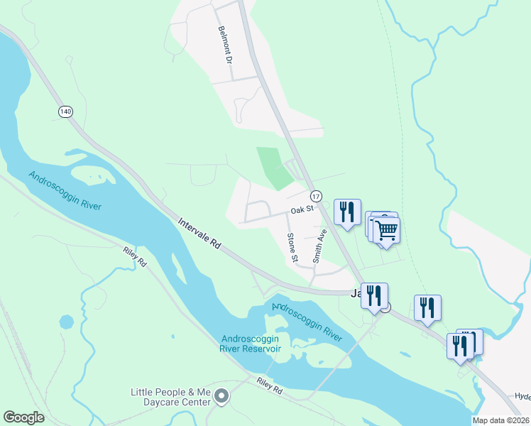 map of restaurants, bars, coffee shops, grocery stores, and more near 17 Bryant Drive in Jay
