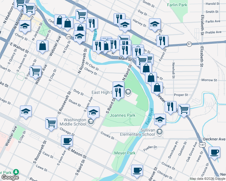 map of restaurants, bars, coffee shops, grocery stores, and more near 1336 Cherry Street in Green Bay