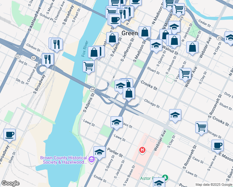 map of restaurants, bars, coffee shops, grocery stores, and more near 432 Martin Street in Green Bay