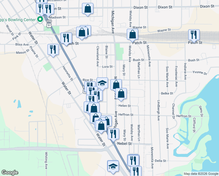 map of restaurants, bars, coffee shops, grocery stores, and more near 2309 Rice Street in Stevens Point
