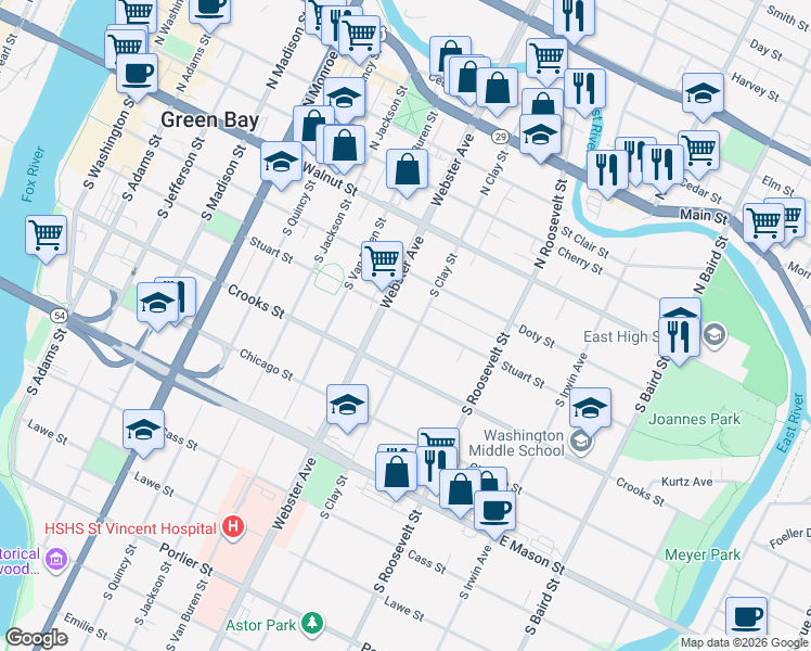 map of restaurants, bars, coffee shops, grocery stores, and more near 224 South Clay Street in Green Bay