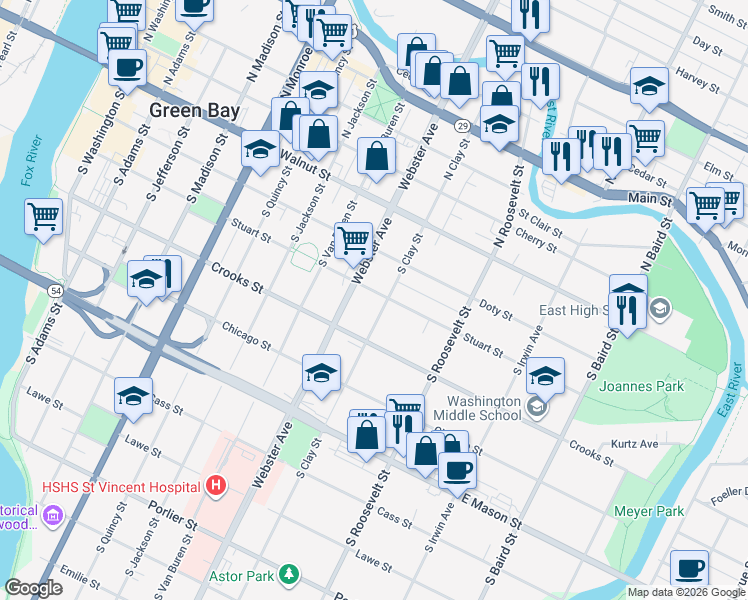 map of restaurants, bars, coffee shops, grocery stores, and more near 224 South Clay Street in Green Bay