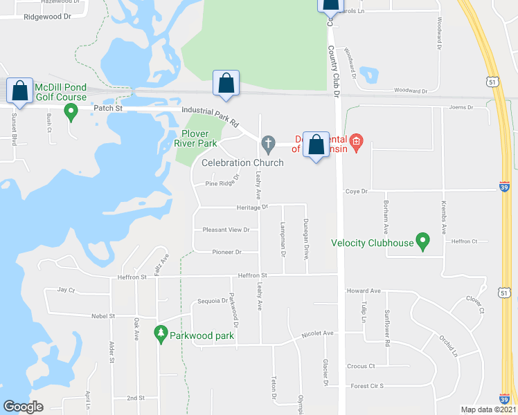 map of restaurants, bars, coffee shops, grocery stores, and more near 2901 Leahy Avenue in Stevens Point