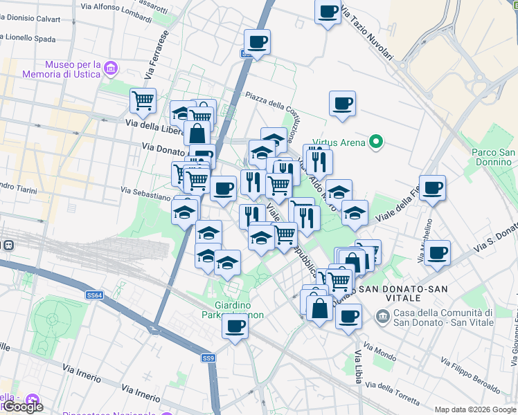 map of restaurants, bars, coffee shops, grocery stores, and more near in Bologna