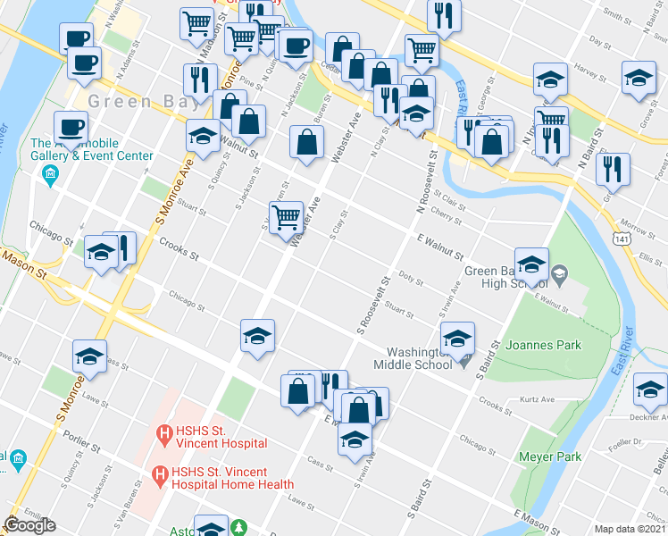 map of restaurants, bars, coffee shops, grocery stores, and more near 1124 Doty Street in Green Bay
