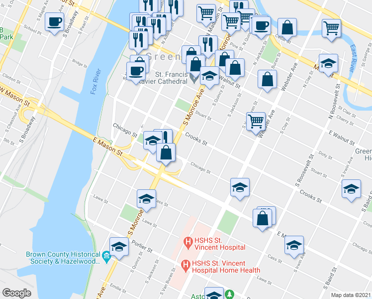 map of restaurants, bars, coffee shops, grocery stores, and more near 417 South Monroe Avenue in Green Bay