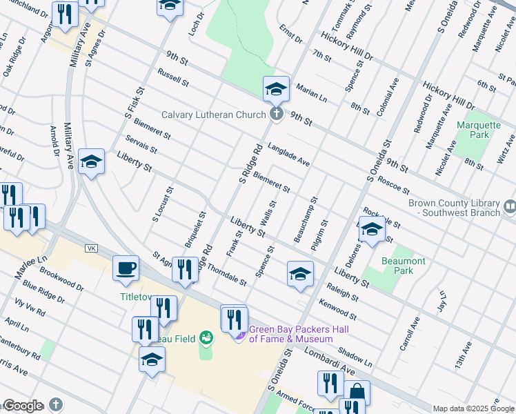map of restaurants, bars, coffee shops, grocery stores, and more near 1513 Frank Street in Green Bay