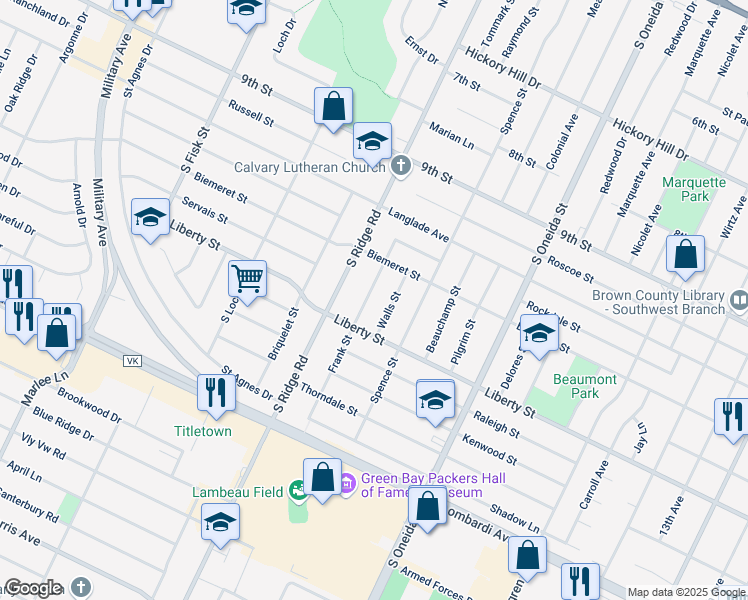 map of restaurants, bars, coffee shops, grocery stores, and more near 1513 Frank Street in Green Bay