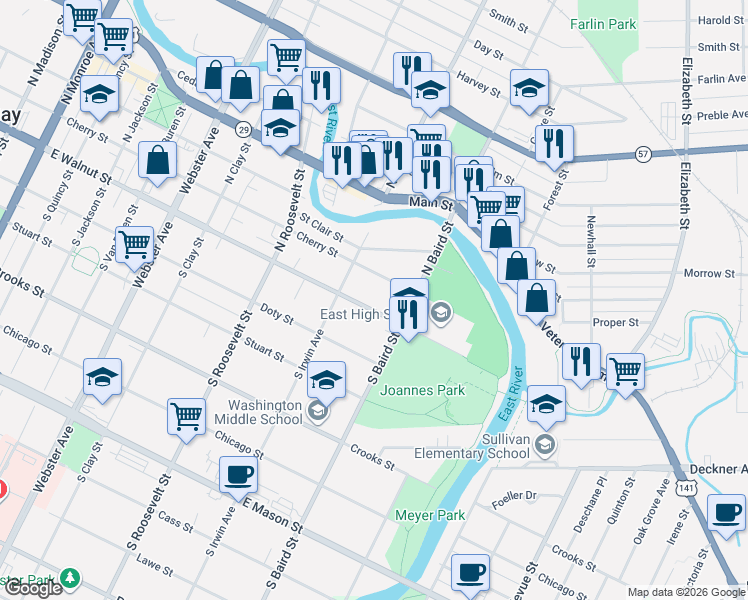 map of restaurants, bars, coffee shops, grocery stores, and more near 1336 Cherry Street in Green Bay
