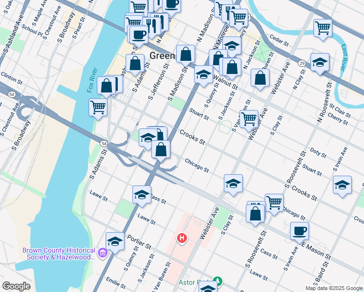 map of restaurants, bars, coffee shops, grocery stores, and more near 426 South Quincy Street in Green Bay