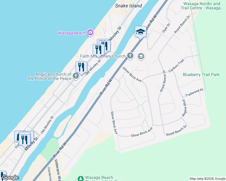 map of restaurants, bars, coffee shops, grocery stores, and more near 12 Silver Birch Avenue in Wasaga Beach