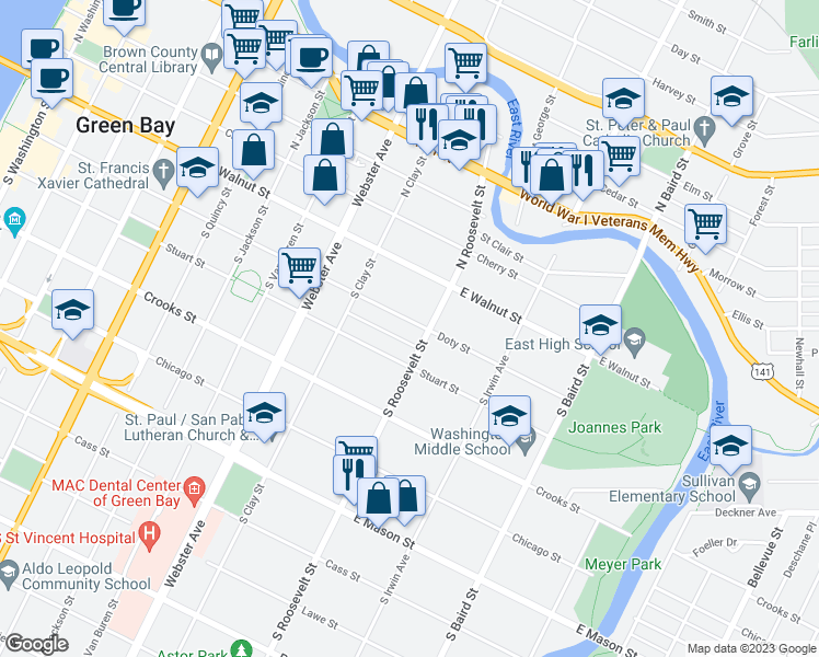 map of restaurants, bars, coffee shops, grocery stores, and more near 1166 Doty Street in Green Bay