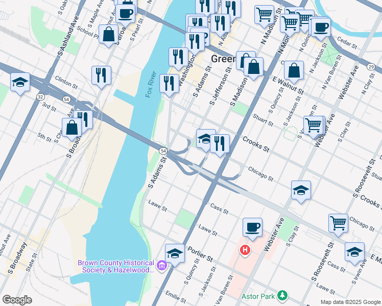 map of restaurants, bars, coffee shops, grocery stores, and more near 432 Martin Street in Green Bay