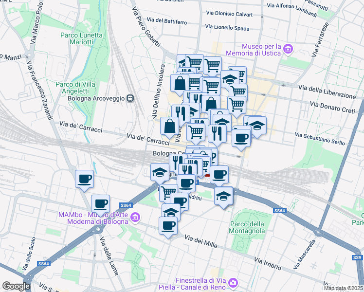 map of restaurants, bars, coffee shops, grocery stores, and more near 1 Via Aristotile Fioravanti in Bologna