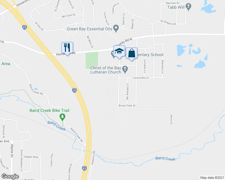 map of restaurants, bars, coffee shops, grocery stores, and more near 363 Laverne Drive in Green Bay