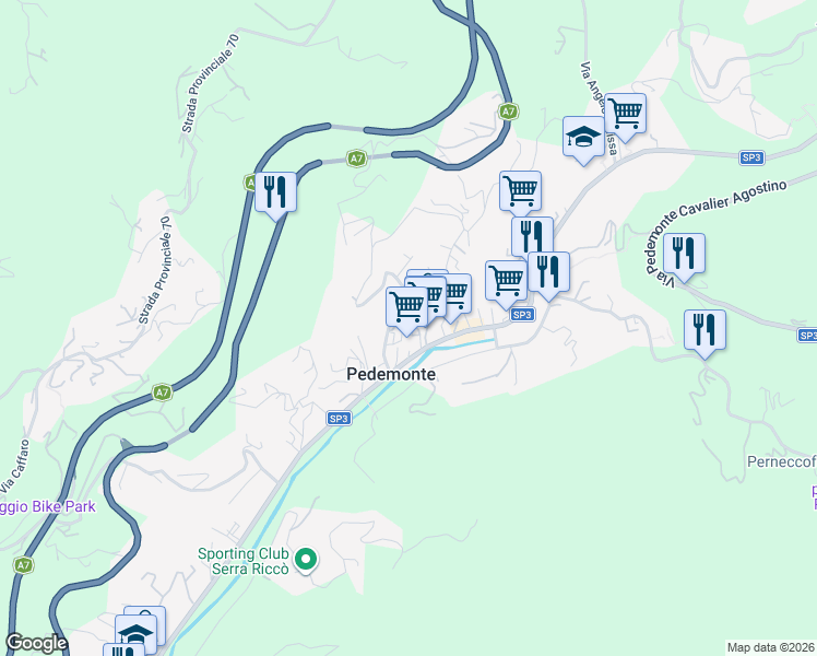 map of restaurants, bars, coffee shops, grocery stores, and more near 184 Via A. Medicina in Pedemonte