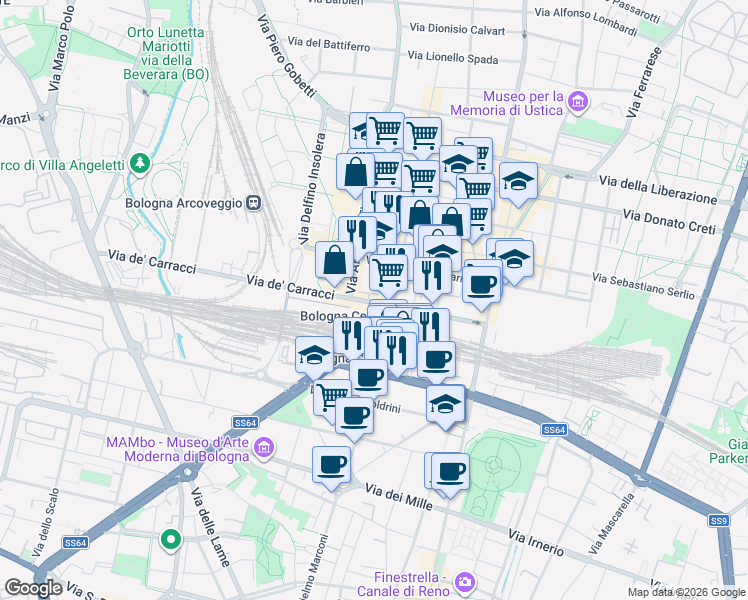 map of restaurants, bars, coffee shops, grocery stores, and more near 55 Via dè Carracci in Bologna