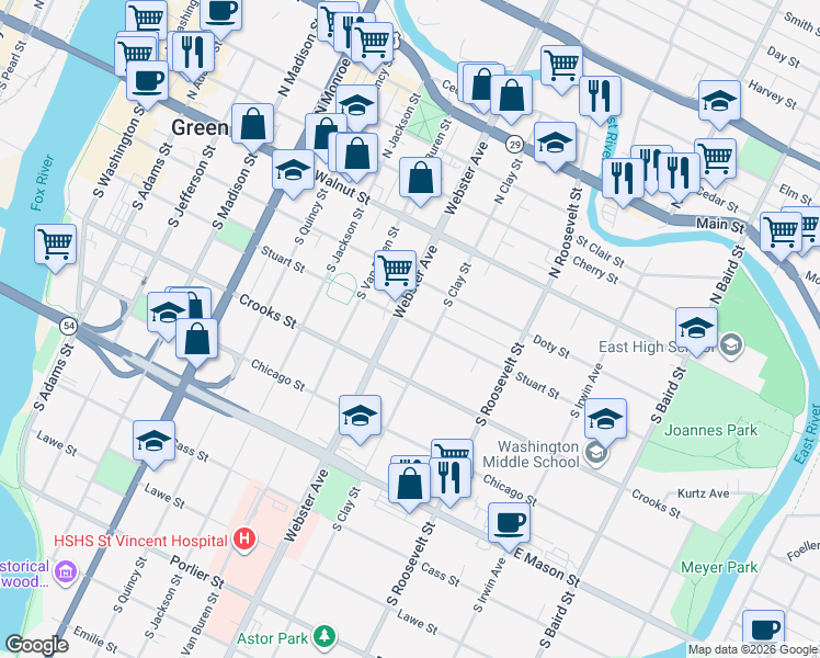 map of restaurants, bars, coffee shops, grocery stores, and more near in Green Bay