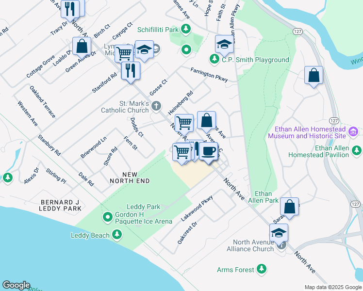 map of restaurants, bars, coffee shops, grocery stores, and more near 1193 North Avenue in Burlington