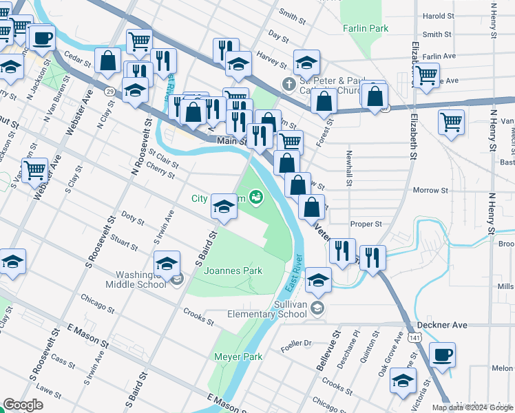 map of restaurants, bars, coffee shops, grocery stores, and more near 219 North Baird Street in Green Bay