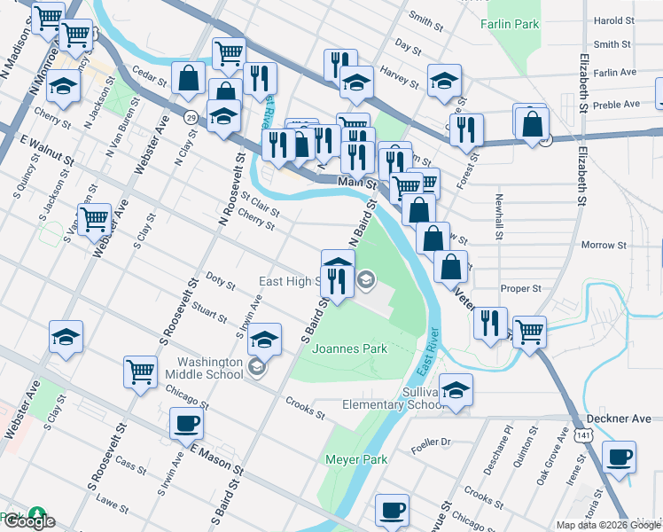 map of restaurants, bars, coffee shops, grocery stores, and more near 1377 Cherry Street in Green Bay