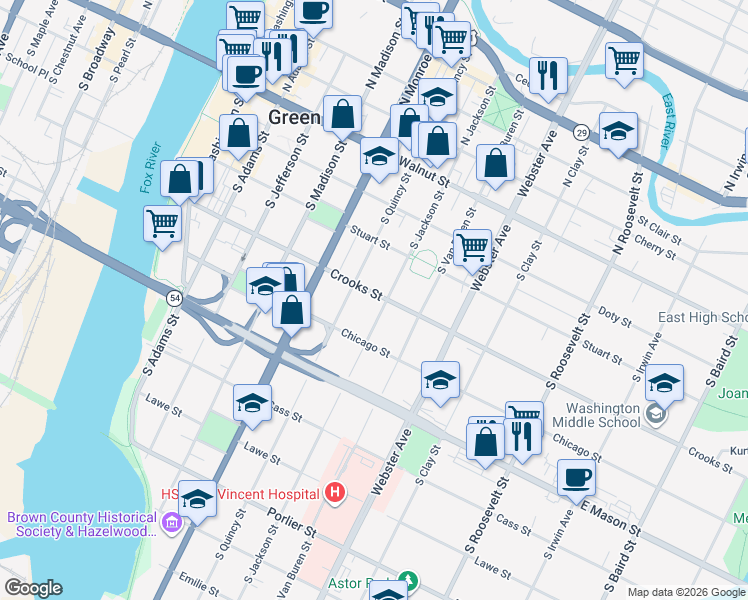 map of restaurants, bars, coffee shops, grocery stores, and more near 712 Crooks Street in Green Bay