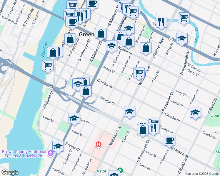 map of restaurants, bars, coffee shops, grocery stores, and more near 712 Crooks Street in Green Bay