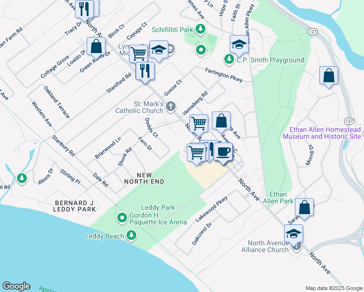 map of restaurants, bars, coffee shops, grocery stores, and more near 1201 North Avenue in Burlington