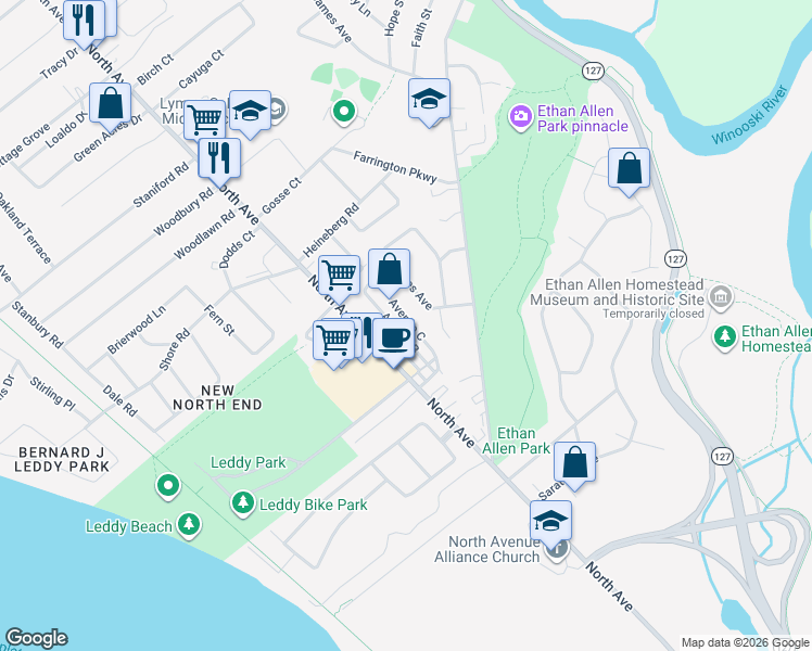 map of restaurants, bars, coffee shops, grocery stores, and more near 38 Avenue C in Burlington
