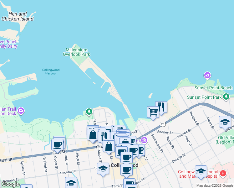 map of restaurants, bars, coffee shops, grocery stores, and more near 45 Heritage Drive in Collingwood