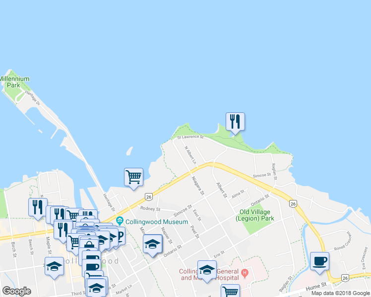 map of restaurants, bars, coffee shops, grocery stores, and more near 75 North Albert Lane in Collingwood