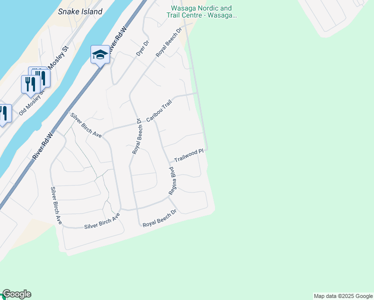 map of restaurants, bars, coffee shops, grocery stores, and more near 11 Trailwood Place in Wasaga Beach