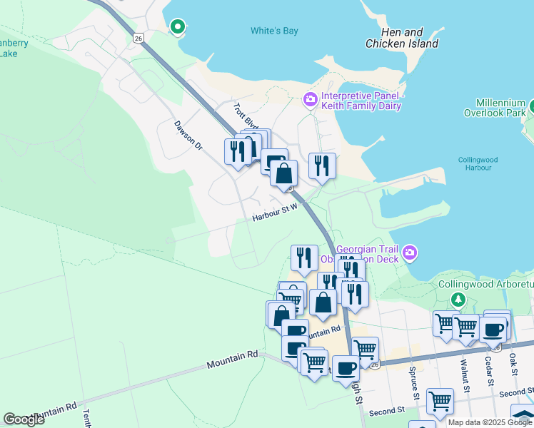 map of restaurants, bars, coffee shops, grocery stores, and more near 8 Harbour Street West in Collingwood