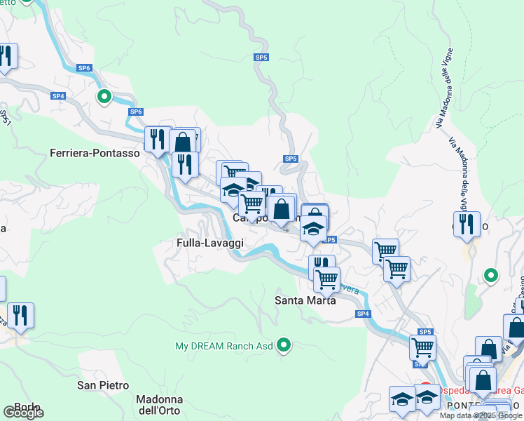 map of restaurants, bars, coffee shops, grocery stores, and more near 14 Via Circonvallazione in Campomorone