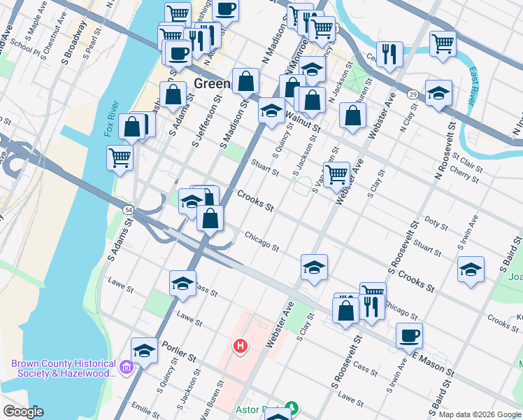 map of restaurants, bars, coffee shops, grocery stores, and more near 712 Crooks Street in Green Bay