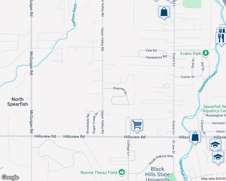 map of restaurants, bars, coffee shops, grocery stores, and more near 2 Pearson Drive in Spearfish