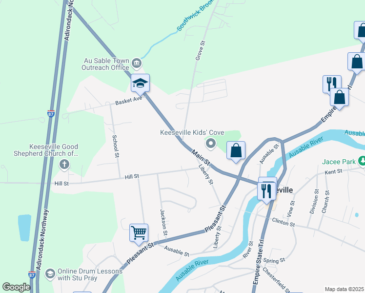 map of restaurants, bars, coffee shops, grocery stores, and more near 1825 New York 22 in Keeseville
