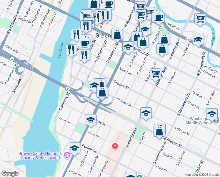 map of restaurants, bars, coffee shops, grocery stores, and more near 417 South Monroe Avenue in Green Bay