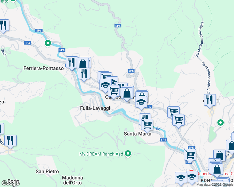 map of restaurants, bars, coffee shops, grocery stores, and more near Strada Provinciale 6 in Campomorone
