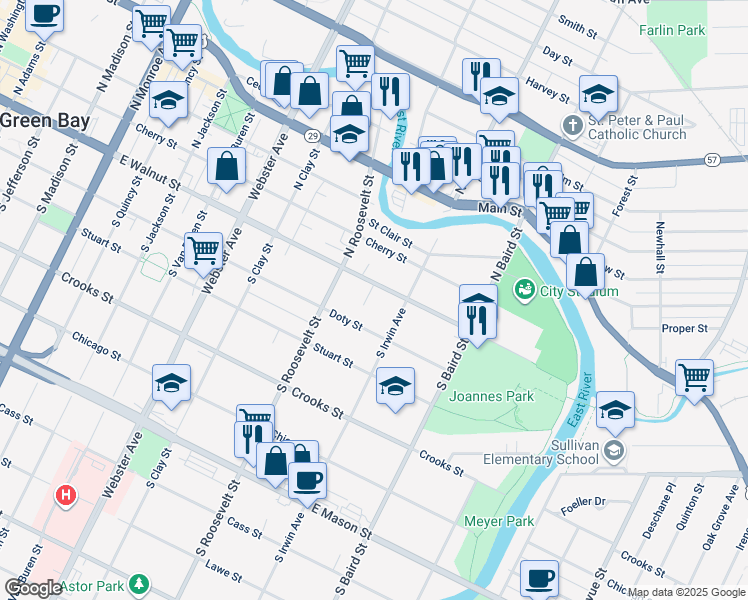 map of restaurants, bars, coffee shops, grocery stores, and more near 1250 East Walnut Street in Green Bay