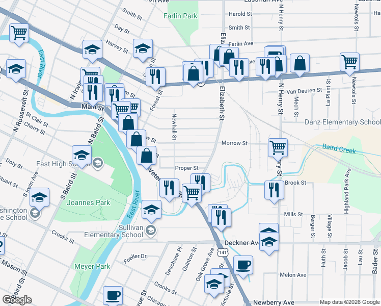 map of restaurants, bars, coffee shops, grocery stores, and more near 1567 Ellis Street in Green Bay