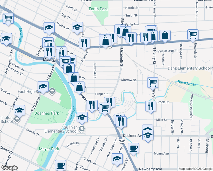 map of restaurants, bars, coffee shops, grocery stores, and more near 1567 Ellis Street in Green Bay