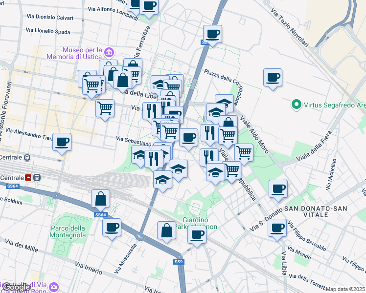 map of restaurants, bars, coffee shops, grocery stores, and more near 39 Via del Lavoro in Bologna