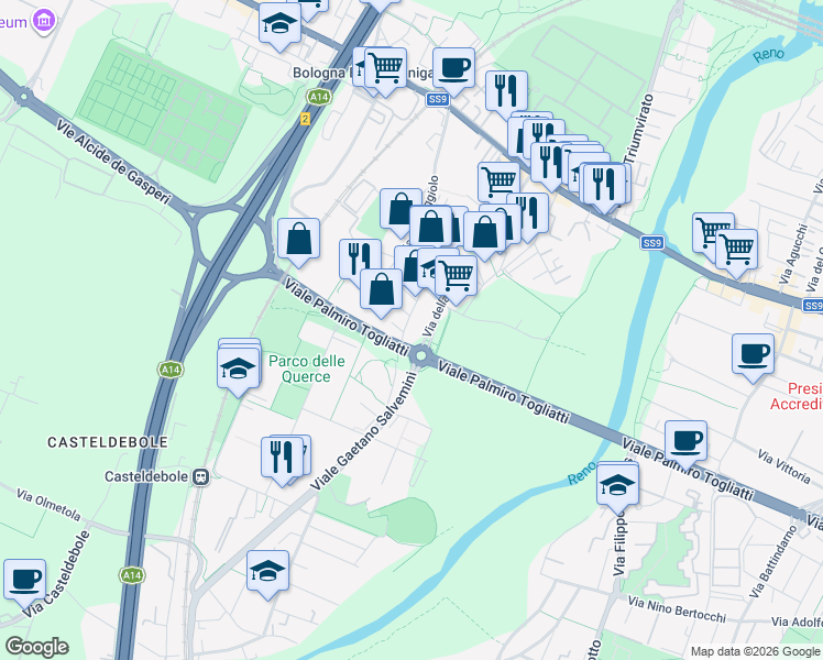 map of restaurants, bars, coffee shops, grocery stores, and more near 23 Via Luigi Capuana in Bologna